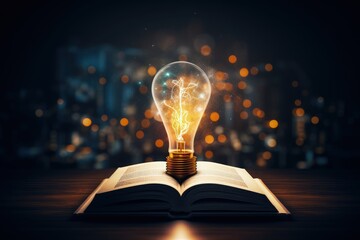 Open book with light bulb on top of table, concept of idea and creativity, Generative AI