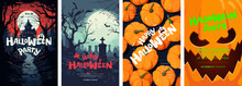 Happy Halloween Party Poster Set. Drawing Placards With Old Mansion, Graveyard And Pumpkin Background. Art Cover Horror Night. October 31 Holiday Evening Promotional Artwork. Typography Print Template