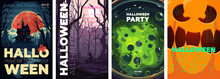 Happy Halloween Party Poster Set. Placards With Old Mansion, Witch In Forest, Poisonous Potion And Scary Pumpkin. Art Cover Horror Night. October Holiday Eve Promotional Artwork. Typography Eps Print