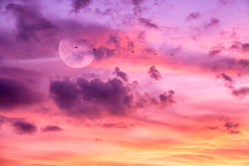 Wall Mural - Sunset Moon Clouds Ethereal Surreal Romantic Beautiful Inspirational Sky
