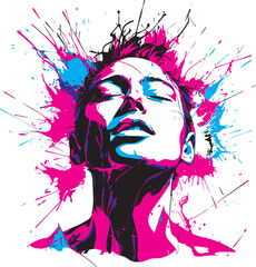 Woman's face in a splash painting style, showcasing artistic flair with expressive splatters and vibrant colors, creating a visually captivating and contemporary portrait.