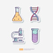 Chemistry lab flask, DNA helix, microscope lens, chemical test tube. Medical and health sticker set icon. Vector Illustration