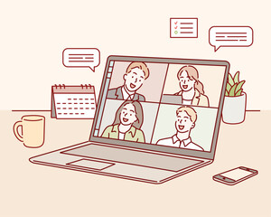 Wall Mural - stay and work from home. video conference illustration. workplace, laptop screen, group of people ta