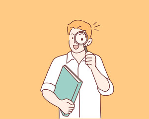 Wall Mural - man holding a book and a magnifying glass. hand drawn style vector design illustrations.