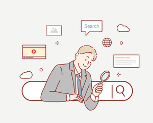 Wall Mural - business man examines through a magnifying glass with search engine button. hand drawn style vector 