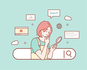woman examines through a magnifying glass with search engine button. hand drawn style vector design 
