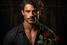 Studio Style Photo Of A Handsome Mediterranean Male Model With Beautiful Eyes, Holding A Red Rose. Generative AI