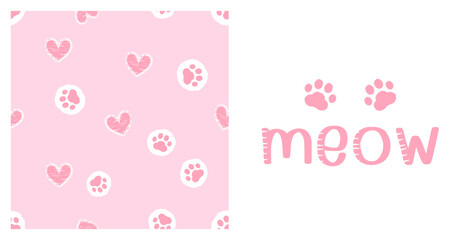 Canvas Print - Seamless pattern with paw print and cute heart on pink background. Hand drawn fonts and pink paw print icon sign isolated on white background vector illustration.