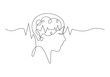 Brain waves pulse in human head scan one line vector illustration. Stock illustration. Pro vector.