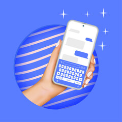 Poster - Hand holding smartphone with messenger app. Realistic smartphone mockup. Vector flat cartoon illustration for web sites and banners design.