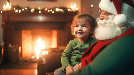 Wall Mural - Small child sitting with Santa Clause on Christmas, fireplace on background. 