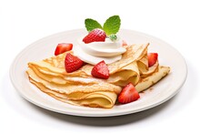 Freshly Baked Crepe With Strawberries And Whipped Cream Isolated On White Background 