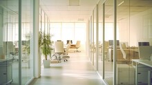 Beautiful Blurred Background Of A Light Modern Office Interior With Panoramic Windows And Beautiful Lighting