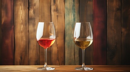 two glasses of wine on wooden table. generative ai. 