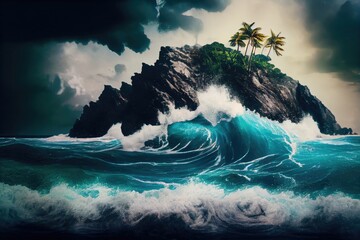 Canvas Print - ocean waves crashing against the shore of stormy tropical island, created with generative ai