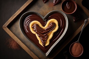 Wall Mural - heart-shaped churros floating in warm chocolate sauce, created with generative ai
