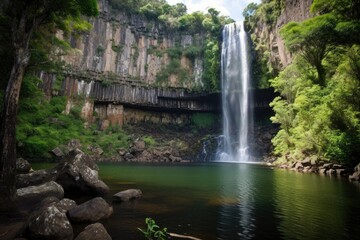 Wall Mural - majestic waterfall cascading over towering cliffs into tranquil pool, created with generative ai