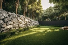 Contemporary Garden With Vacant Natural Rock Wall, Timber Footpath, Verdant Turf, Shady Trees. Generative AI