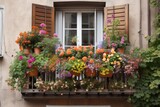 Fototapeta Kwiaty - a vibrant window garden overflowing with blooms, complemented by a wooden balcony railing, created with generative ai