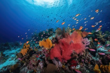 Sticker - a school of fish swimming among brightly colored coral reefs, created with generative ai