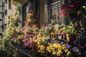 Poster - window garden overflowing with colorful blooms on sunny balcony, created with generative ai