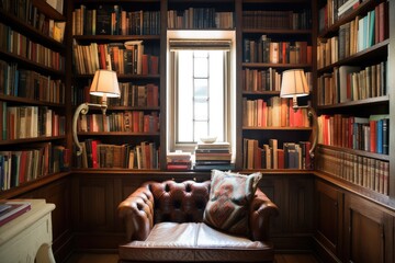 Wall Mural - wood-paneled wall with built-in bookshelves and antique hardback books, created with generative ai