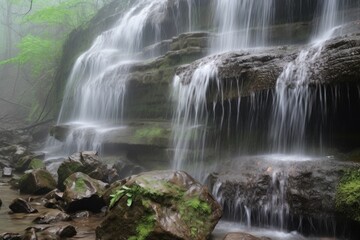 Sticker - close-up of cascading spring waterfalls, with droplets of water and mist visible, created with generative ai