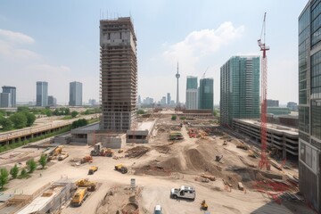 Sticker - construction site with view of new skyscraper being built, created with generative ai