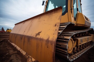 Poster - close-up of construction site bulldozer's blade, ready to begin work, created with generative ai