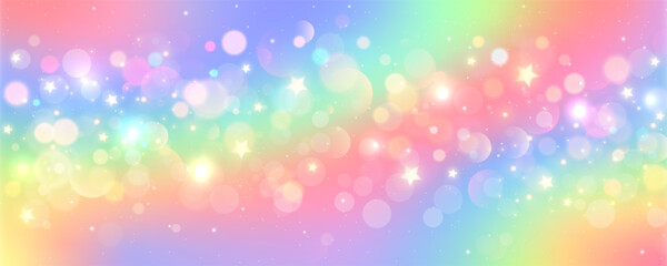 Wall Mural - rainbow unicorn background. pastel glitter pink fantasy galaxy. magic mermaid sky with bokeh. hologr