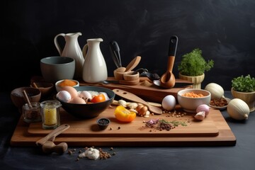 Wall Mural - board with various cooking utensils and spices for easy meal preparation, created with generative ai