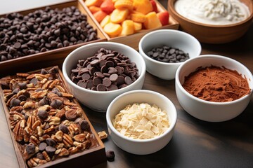 Poster - close-up of deconstructed dessert ingredients, including chocolate chips, nuts, and fruits, created with generative ai