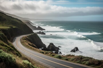 Poster - scenic road trip down the coast with rolling waves and scenic views, created with generative ai