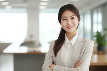 Wall Mural - Confident smiling young professional Asian business woman corporate leader, happy korean female employee, company sales marketing manager, standing in office. generative AI