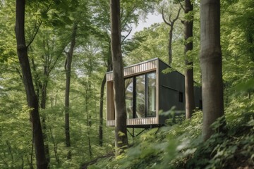 Wall Mural - tiny home embedded in the trees, offering unique and stunning view, created with generative ai