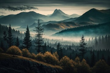 Wall Mural - peaceful mountain wilderness, with fog rolling over the peaks and valleys, created with generative ai