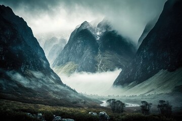 Poster - mountain range shrouded in misty fog, with peaks poking through the clouds, created with generative ai