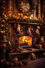 Sticker - warm fireplace with stockings and garland, created with generative ai