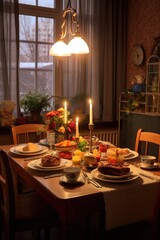 Poster - dinner table set for a family meal, warm lighting, created with generative ai