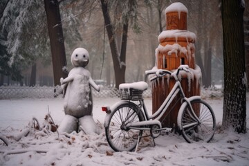 Wall Mural - abandoned bike with a snowman built next to it in a winter park, created with generative ai