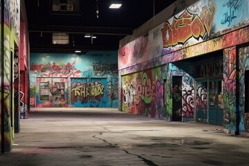 Canvas Print - graffiti-covered walls inside a vacant mall, created with generative ai