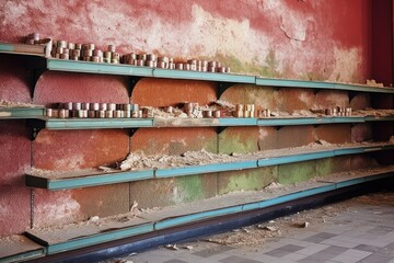 Sticker - empty store shelves with peeling paint, created with generative ai