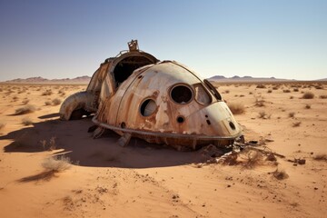 Canvas Print - vintage spacecraft half-buried in a sandy desert, created with generative ai