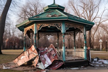 Poster - damaged park gazebo with roof pieces missing, created with generative ai