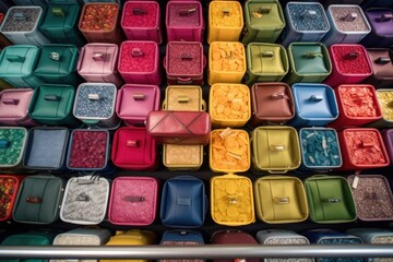 Sticker - overhead view of colorful luggage on conveyor belt, created with generative ai