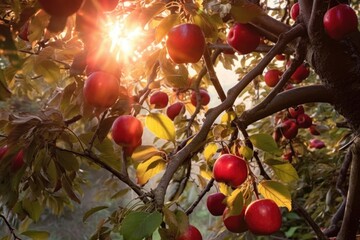 Poster - sunlight shining on red apples in tree branches, created with generative ai