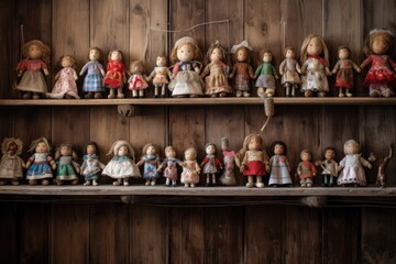 Wall Mural - handmade dolls displayed on a rustic shelf, created with generative ai