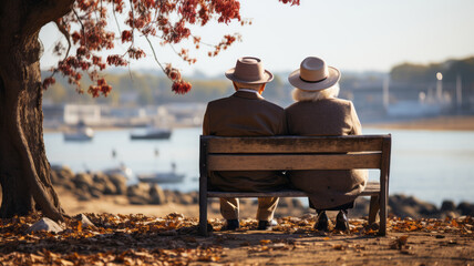 Wall Mural - Older man and a old woman sitting on a wooden bench. AI Generated