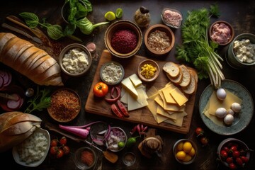Wall Mural - overhead view of ingredients for a sandwich, created with generative ai