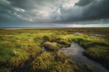 Wetland On Romo Island, Denmark With Plants, Low Tide, Rainbow, And Dark Clouds In Intertidal Zone Of Wadden Sea. Generative AI